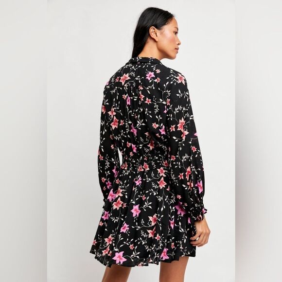 Free People Lighten Up Dress Floral on Black long sleeve with tie waist Sz XS - Picture 3 of 15